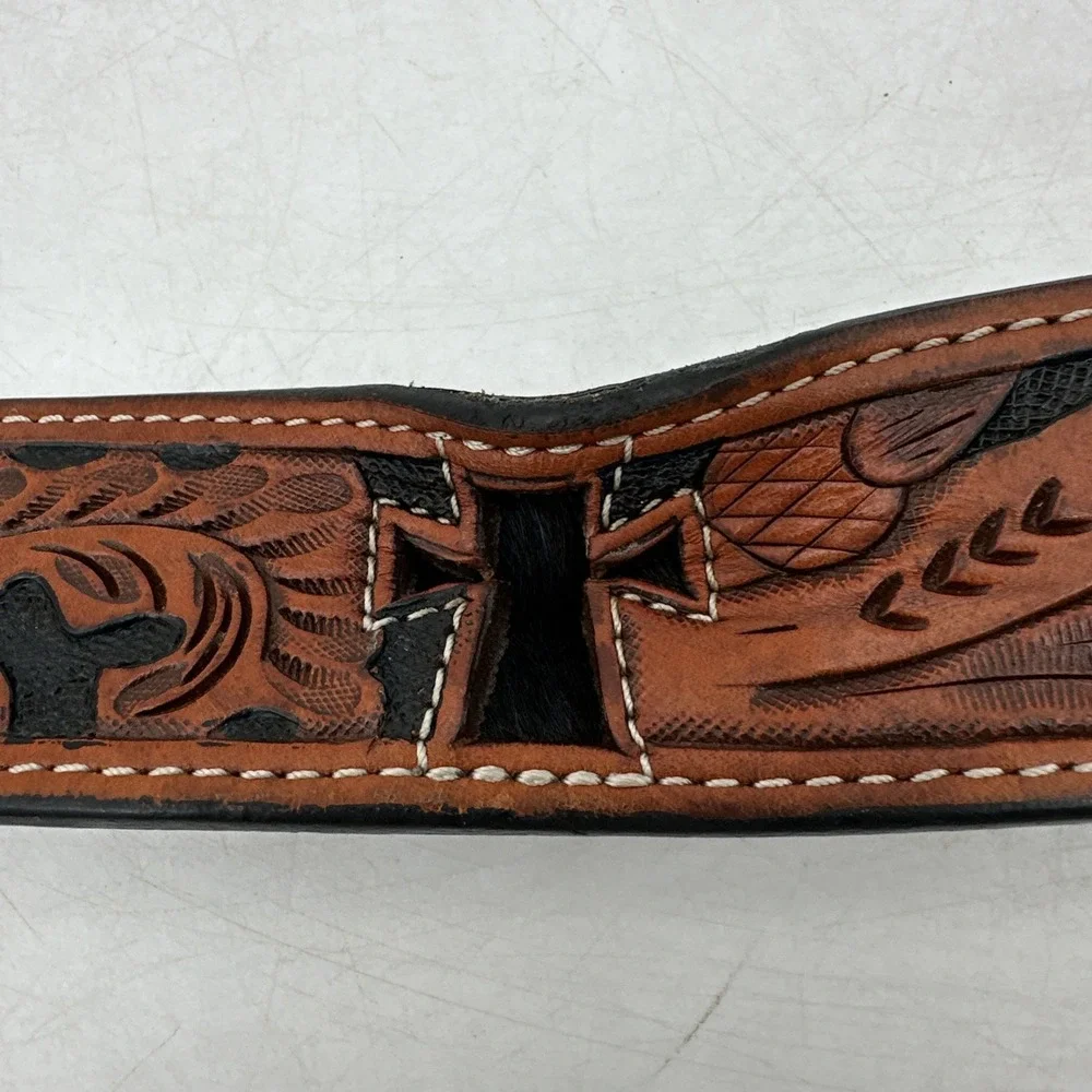 3D Genuine Hand Tooled Leather Cowhide Hair On Cross Western Belt Size 34